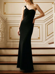 One-shoulder draped glitter midi dress, side view