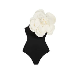 One-Shoulder Swimsuit with Oversized Flower Detail and Matching Printed Sarong Set