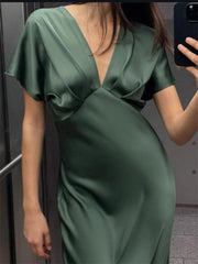 Satin V-Neck Flutter Sleeve Maxi Dress