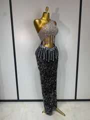 One-shoulder rhinestone dress, angled front view.