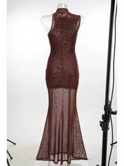 Brown Beaded Turtleneck Sleeveless Stand Neck Maxi Dress