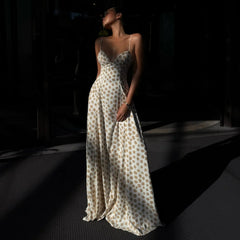 Polka dot maxi dress with spaghetti straps.