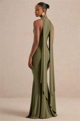Halter Neck Cape Drape Mermaid Maxi Dress