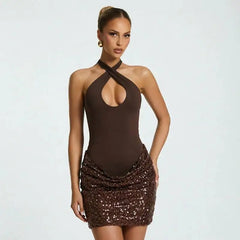 Cross Neck Ruched Sequin Mini Dress