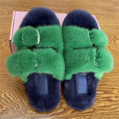 Mink Fur Flat Round Head Slippers