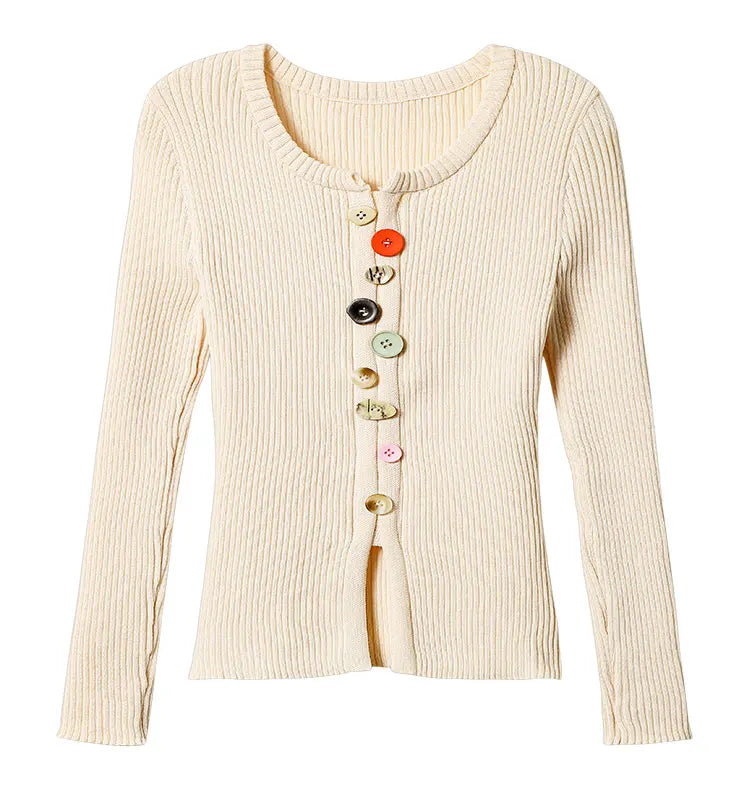 Ribbed crew neck button front knit top