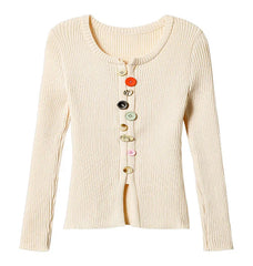 Ribbed crew neck button front knit top