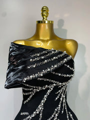 One Shoulder Diagonal Collar Beaded Long Dress