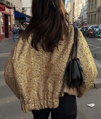 Sequin Jacket Gold Color Stand Collar Long Sleeve Short Coat