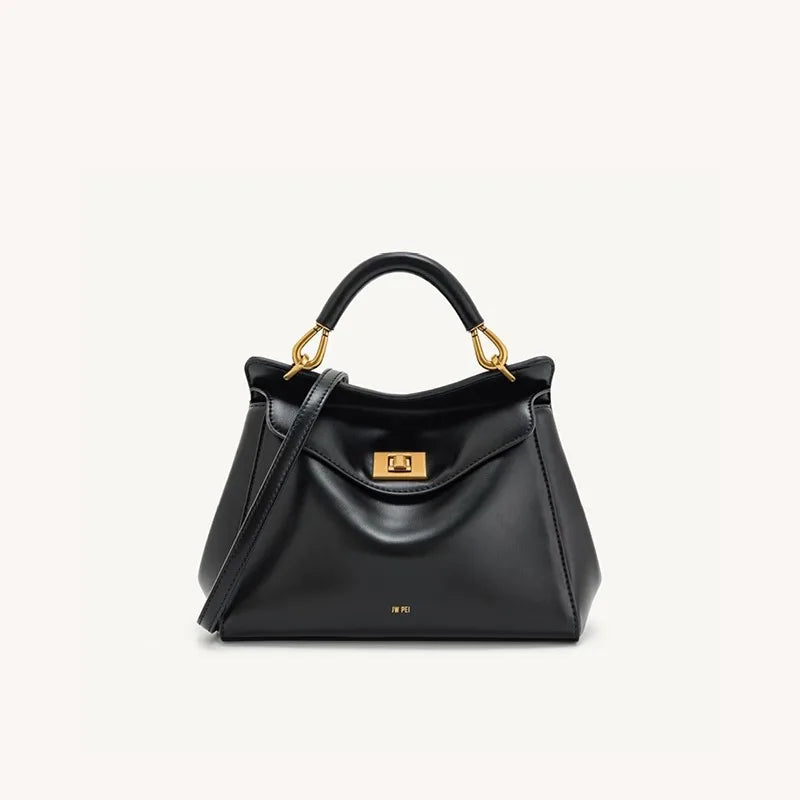 Black smooth leather top handle bag with gold hardware.