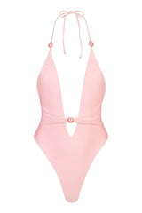 Pink halter neckline swimwear set with pearl accents