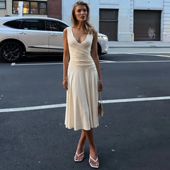 V-Neck Wrap Sleeveless Ruched Midi Dress