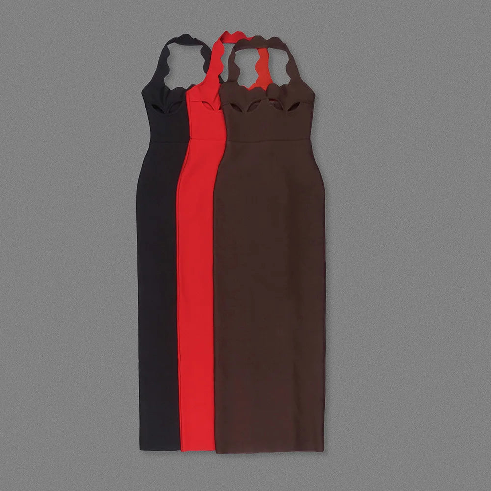 Three dresses in black, red, and brown on a gray background