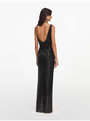 Back view of an asymmetrical neckline maxi dress