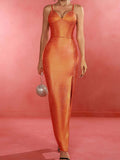 Women's V-neck Sleeveless Orange Tight Bandage Maxi Dress