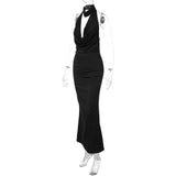 V Neck Open Back Satin Long Black Dress for Women