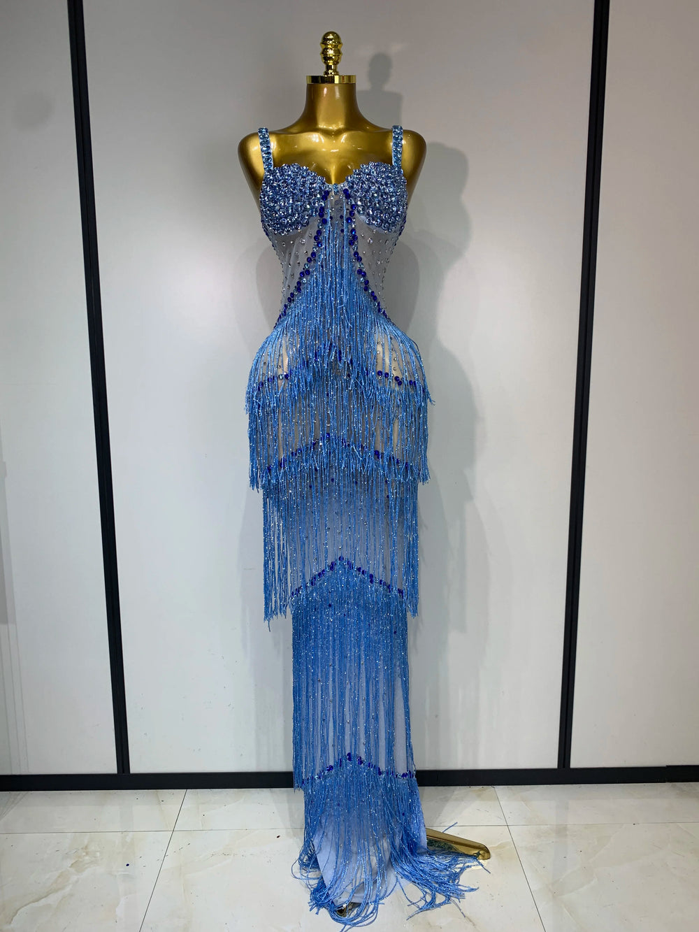 Blue rhinestone strap maxi dress with fringe