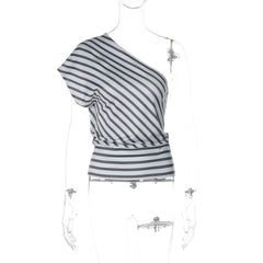 Striped one-shoulder top on a mannequin against a white background