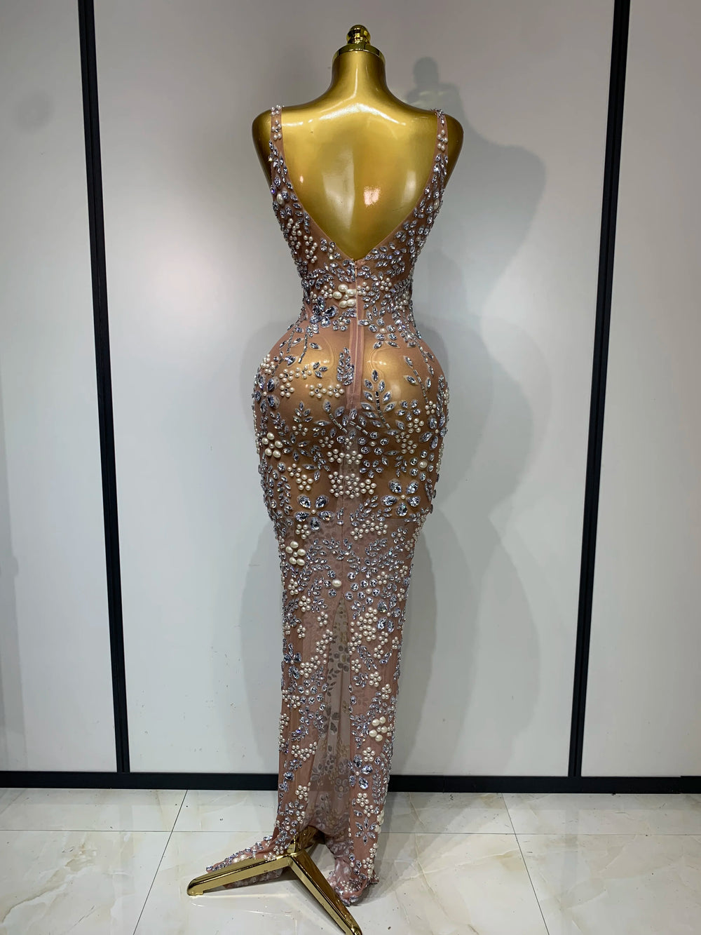 Embellished mesh column dress back view