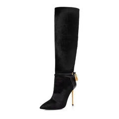 Black textured pointed toe high heel boots with gold lock and buckle detail