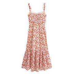 Cherry Print Spliced Lace V neck Ruffles Hem Trumpet Midi Dress