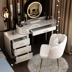 Dressing table with mirror and chair in a room setting