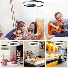 The ceiling fan in operation, showcasing its quiet performance and bright, adjustable lighting . Golden Atelier 2