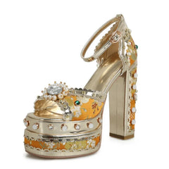 Yellow embellished platform stiletto heels with pearl and gemstone details
