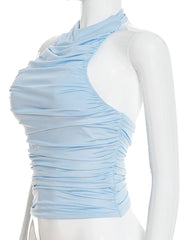 Blue Ruched Halter Neck Sleeveless Top