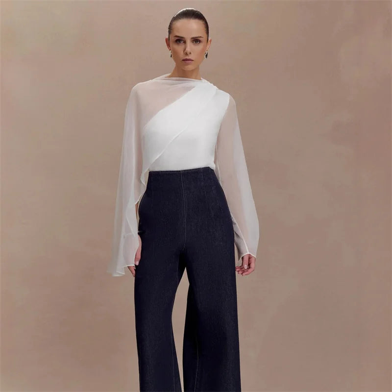 Asymmetrical draped cape sleeve blouse with sheer overlay full body front