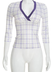 Plaid V-Neck Three Quarter Sleeve Top