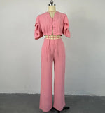 Solid Color V-Neck Flared Sleeve Tie Up Top and Pants Suit