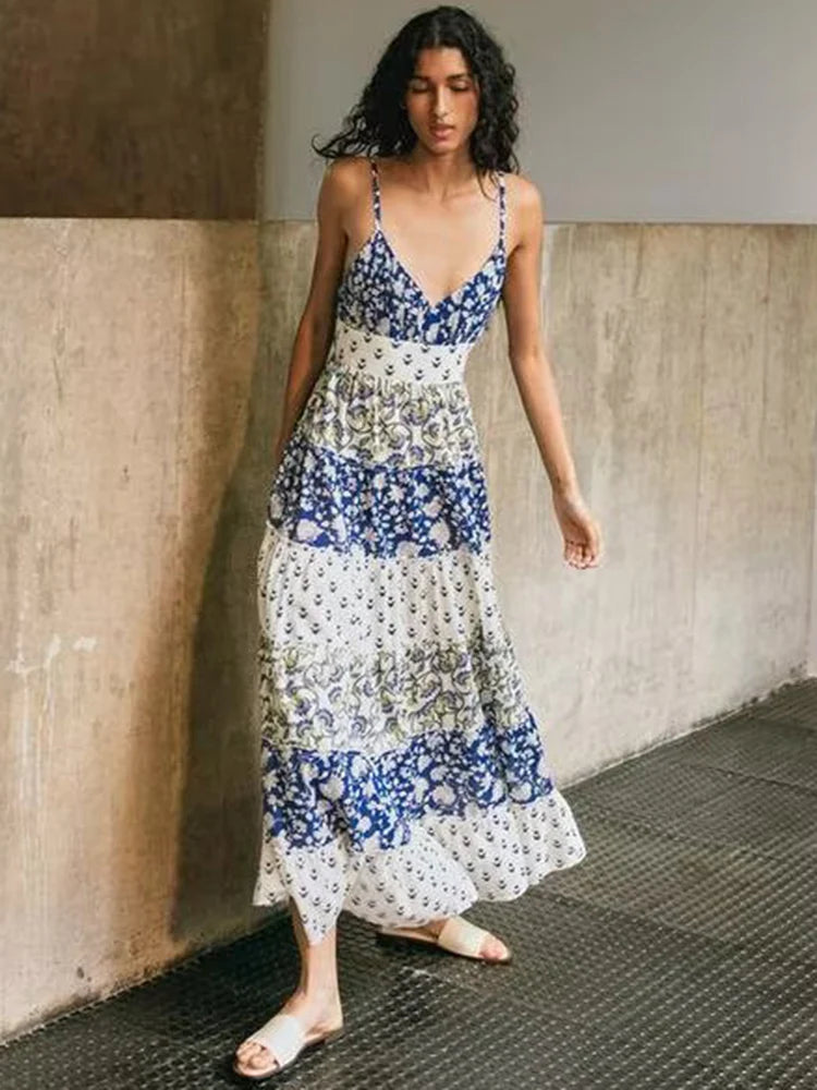 Tiered spaghetti strap V-neck maxi dress