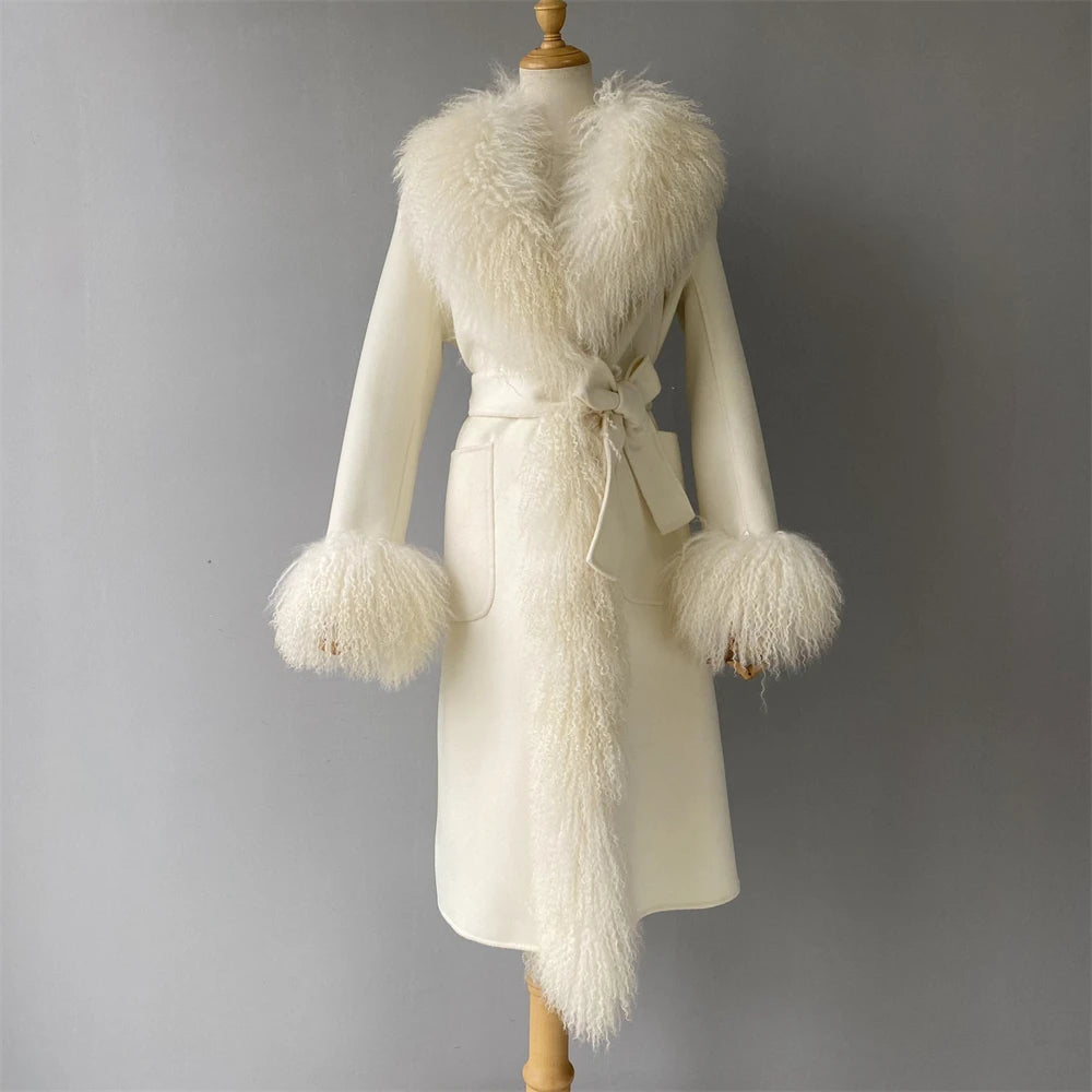 White coat with fur trim on a mannequin against a gray background