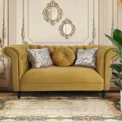 Plush velvet sofa with deep seating and nailhead trim for salon or lounge

