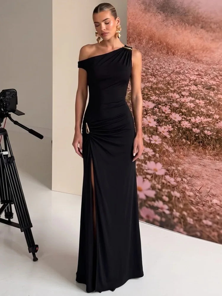 One shoulder high split ruched black maxi dress studio setting