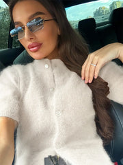 Mock Neck Puff Sleeve Fuzzy Top