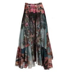 Balloon Sleeve Square Neck Cutout Bodysuit and Print Maxi Skirt Set