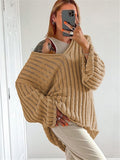 V-Neck Long Sleeve Hollow Out Striped Knit Pullover