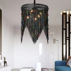 A modern tassel chandelier with cascading crystals, hanging in a luxurious Living room. Golden Atelier 4