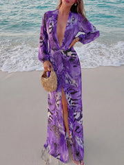 Purple tiger print deep V maxi dress with long sleeves.