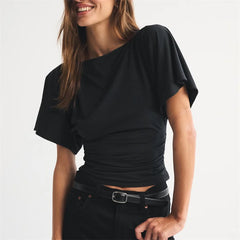 Boat Neck Dolman Sleeve Ruched Waist Cropped Top