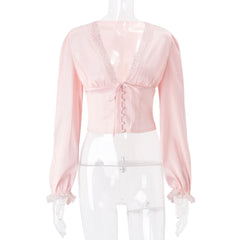 Pink Lace V Neck Long Sleeve Crop Top