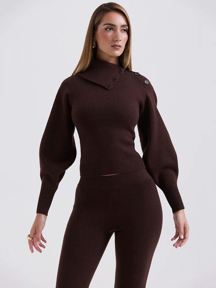 Polo Neck Top and Elastic long Pant 2 pcs Sweater Suit