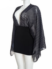 Black Polka Dot Deep Neck Flare Sleeve Mini Dress