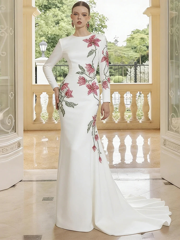 White long sleeve gown with pink floral beading