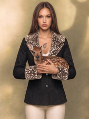Deer Fur Trim Turn Down Collar Two Button Jacket