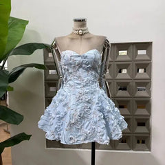 Light blue 3D floral strapless mini dress
