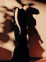 Black Turtleneck Padded Shoulder Belted Maxi Dress