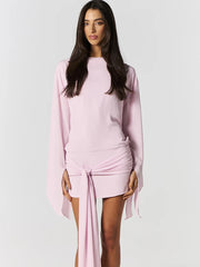 Pink deep V neck cowl drape mini dress